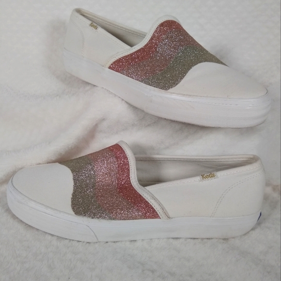 NWOT Keds Women's White Double Decker Wave Glitter Dusted Slip-On Shoes 8.5 - Picture 2 of 9